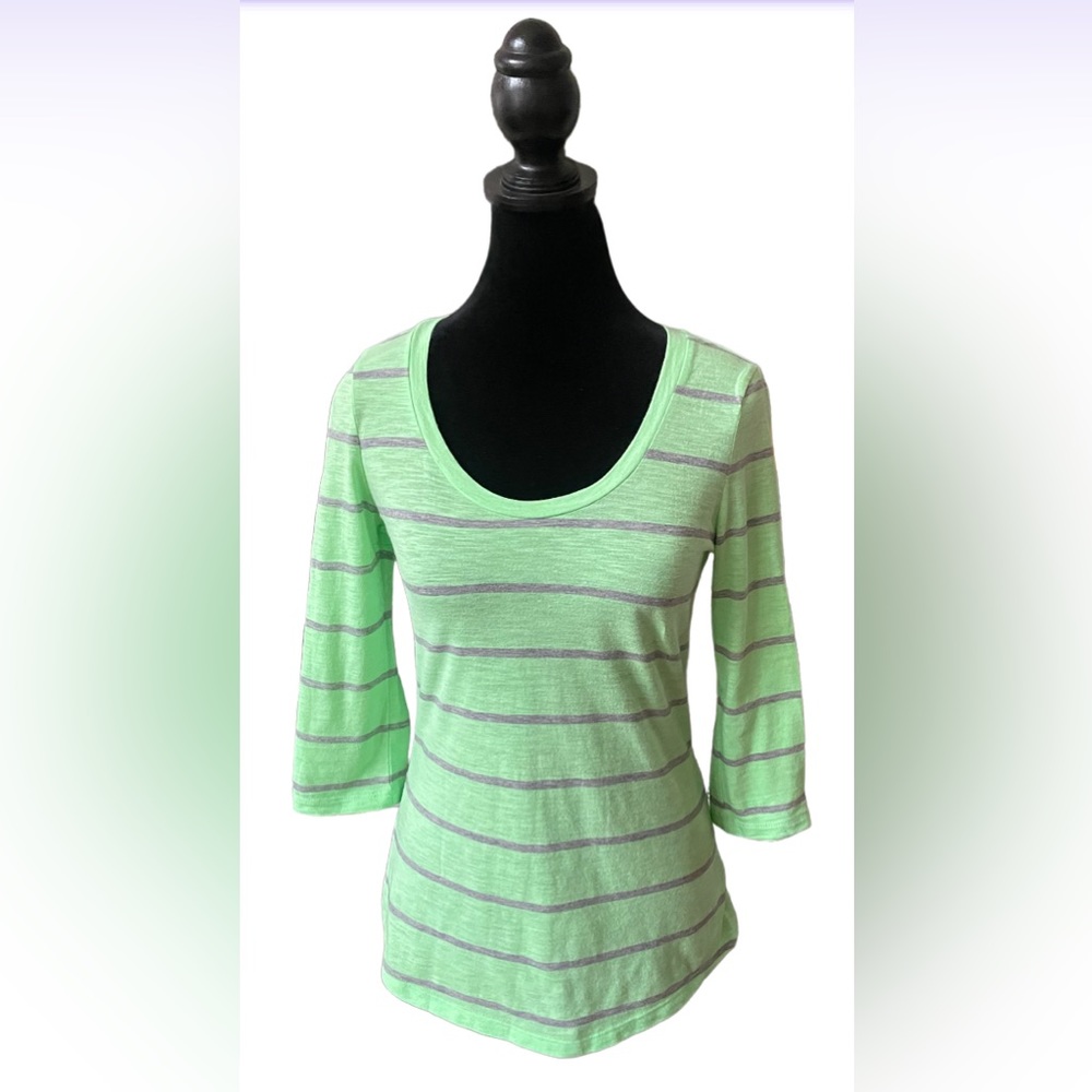 Gap: Green And Gray Striped 3/4 Sleeve Top